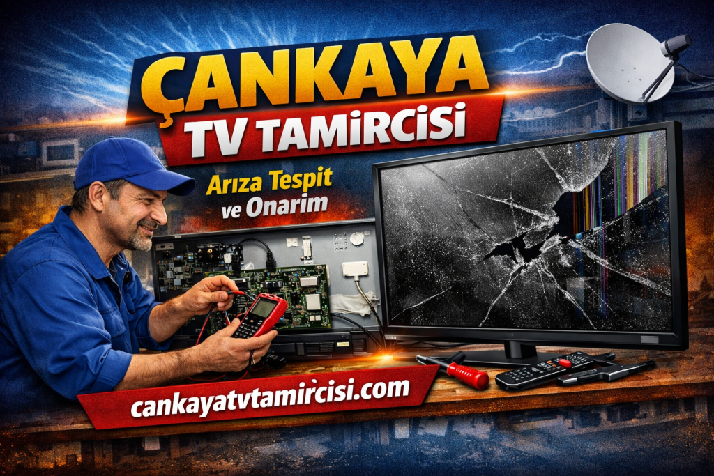 TV repairman in a blue cap tests wiring with a multimeter beside a cracked flat-screen TV.