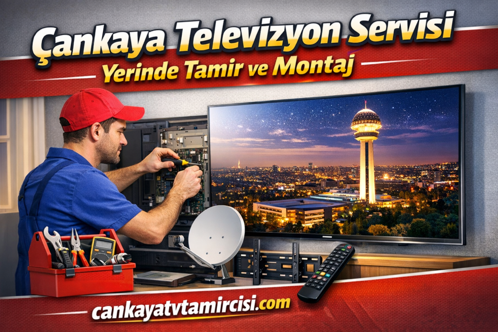 Television repair technician in blue overalls and red cap repairing a wall-mounted TV with tools and a red tool box nearby; city skyline on screen pane behind him.