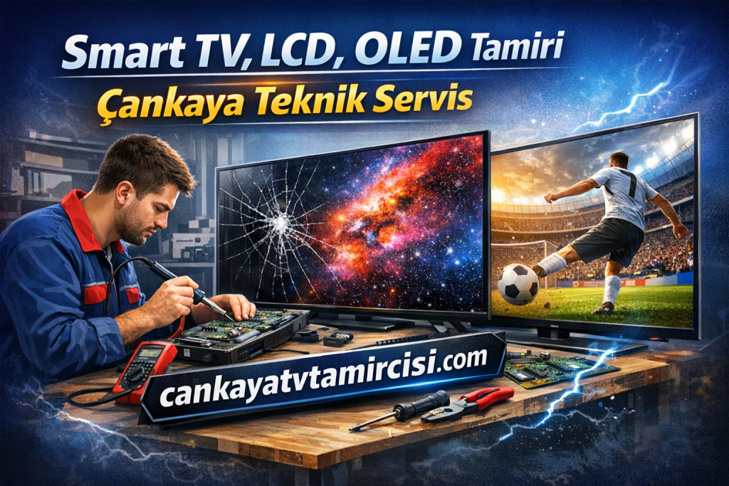 Elektronik tamir hizmeti reklamı: kırık televizyon ekranı üzerinde çalışan teknisyen ve aletler