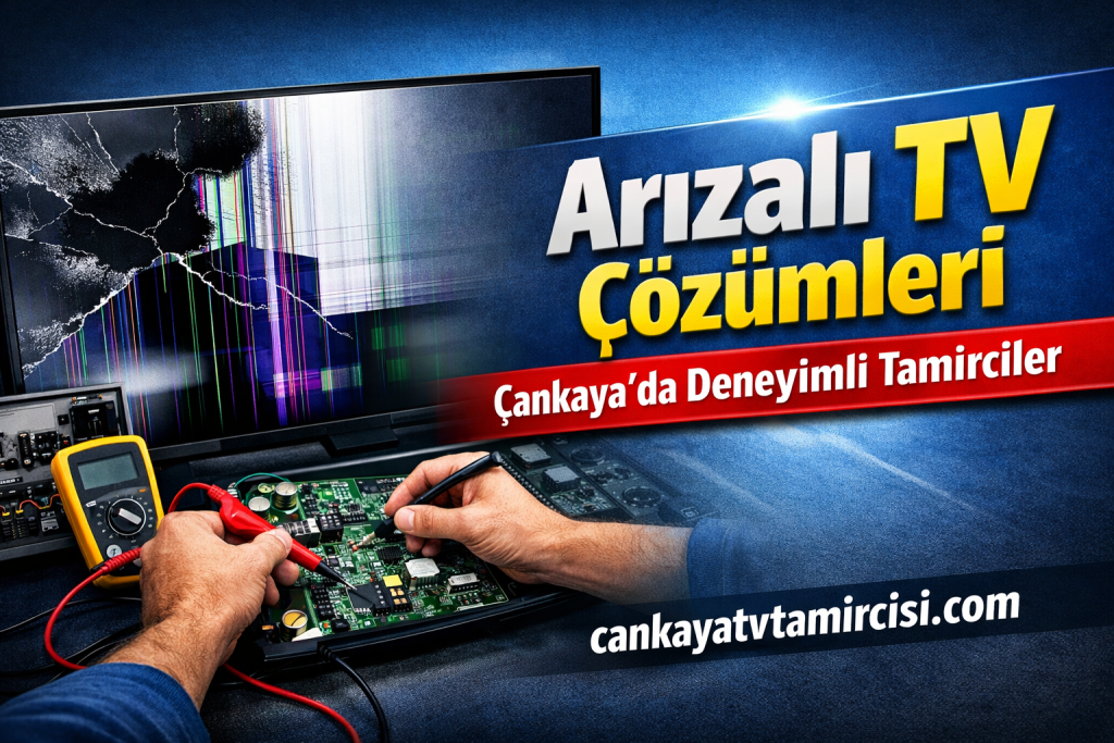 Hands repair a circuit board with a multimeter in a TV repair setup; cracked TV screen in the background and bold Turkish title 'Arızalı TV Çözümleri'