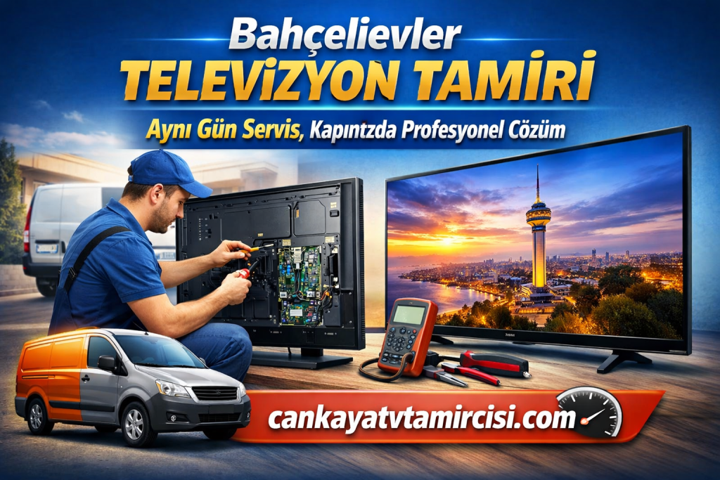 TV repair technician working on a large flat-screen TV, with a service van and tools nearby in a cityscape ad.