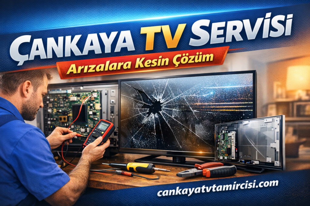 Çankaya TV Servisi bannerı: teknisyen TV tamiri yapıyor, kırık ekranlı televizyon ve teknik aletler görünüyor, “Arızalara Kesin Çözüm” yazısı öne çıkıyor.