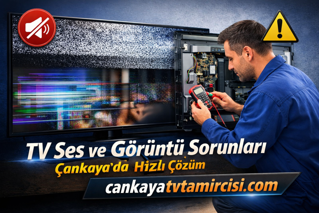 TV repair technician uses a handheld meter to diagnose a flat-screen with exposed circuitry and glitchy screen patterns; warning icon visible