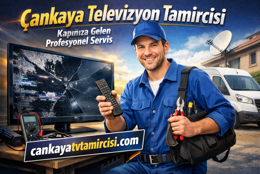 TV repairman in blue overalls holds a remote beside a cracked flat-screen TV; toolbox and service van in the background.