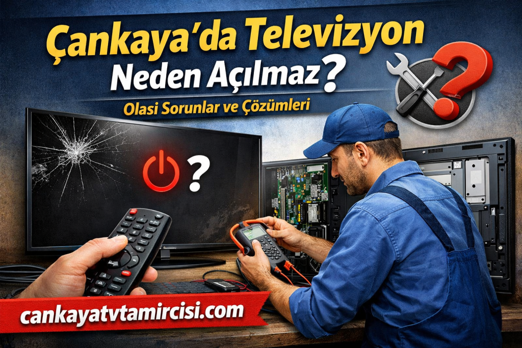 Çankaya'da televizyon onarımı reklamı; teknisyen açık kartlarıyla TV içini inceliyor, kırık ekran ve uzaktan kumanda görüntüsüyle hizmet tanıtımı.