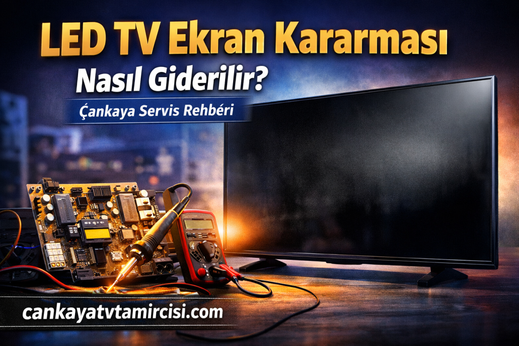 Turkish ad about fixing LED TV blackout: circuit board and a multimeter beside a large TV, with the headline 'LED TV Ekran Kararması Nasıl Giderilir?' and the site cankayatvtamircisi.com.