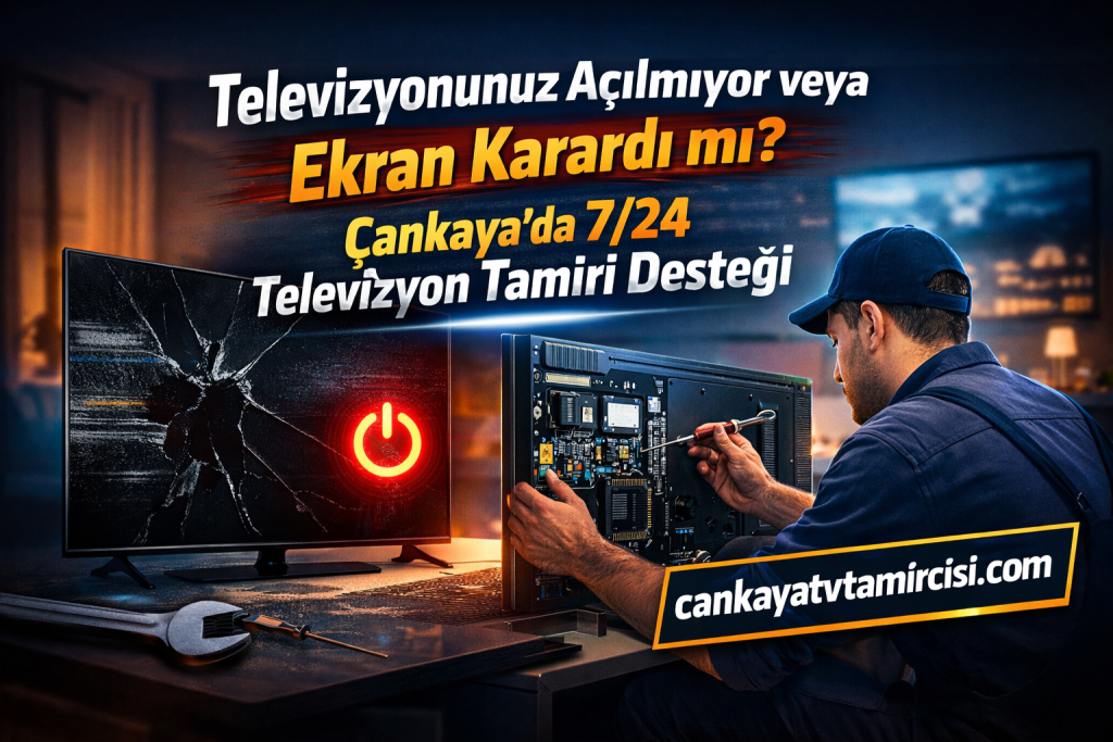 Televizyon tamiri reklamı; teknisyen açık televizyon kartlarını tamir ediyor.