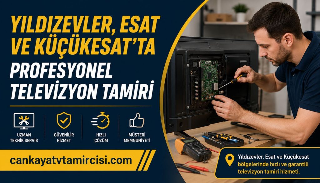 Ad banner for professional TV repair in Yıldızevler, Esat and Küçükesat; technician repairing a TV on the right side.