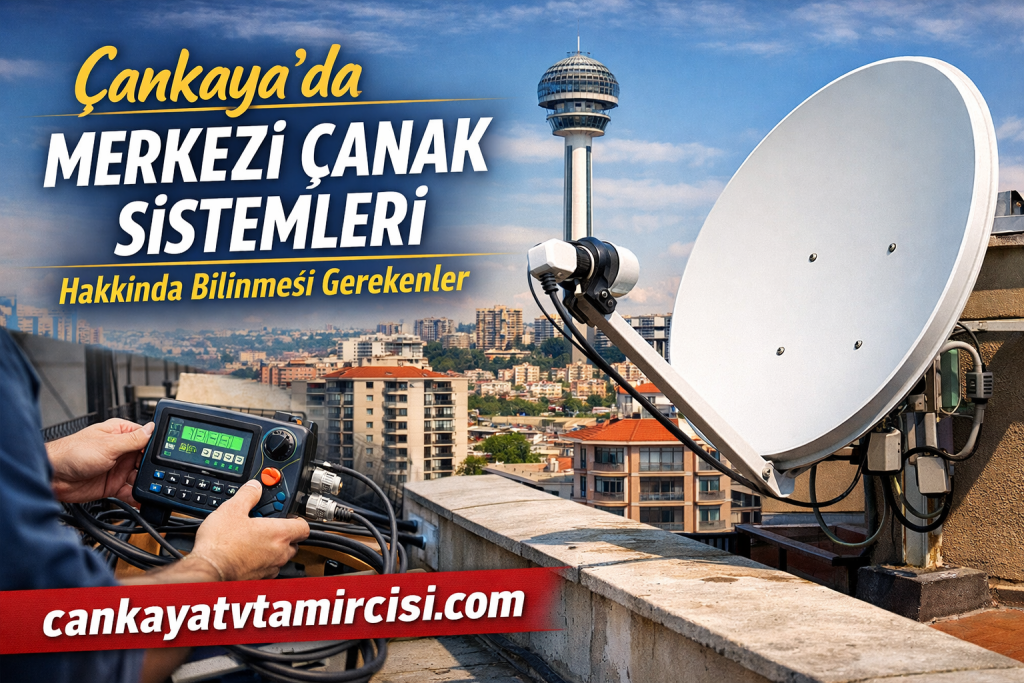 Outdoor ad for central satellite systems showing a large dish and a technician using a diagnostic device, with the site cankayatvtamircisi.com on a red banner