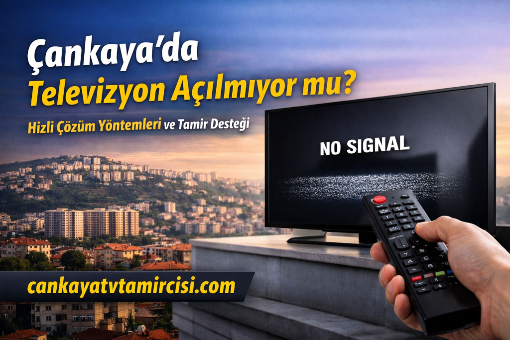 TV screen shows 'NO SIGNAL' as a hand holds a remote, with a city skyline behind—Turkish ad for TV repair in Çankaya.